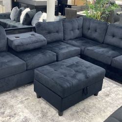 New Black Velvet Sectional With Ottoman And Free Delivery
