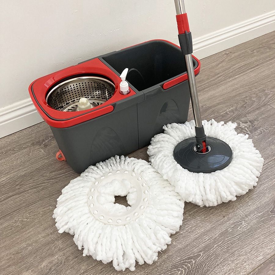 (NEW) $20 Spin Mop Bucket Floor Cleaning Set Includes 2pc Microfiber Replacements 