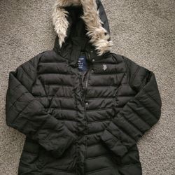 U.S. Polo Assn Black Puffer Jacket Womens Large Faux Fur Hood
