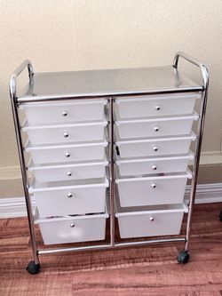 Rolling 12-Drawer Storage Cart – Chrome Frame with White Plastic Drawers