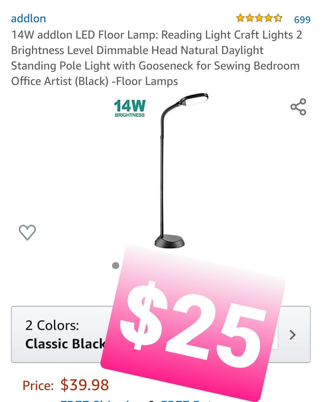 4W addlon LED Floor Lamp: 2 Brightness Level Dimmable, Luz, lampara