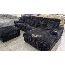 Black Corduroy Modular Sectional Sofa With Ottoman