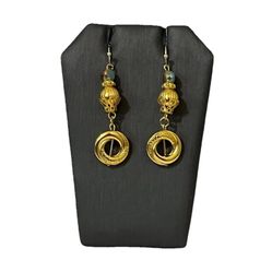 Vintage Style Gold Tone Dangle Earrings Interlocking Circles Textured Melon Bead