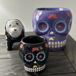 Planters “Day Of The Dead “ 3 Ceramic Planters