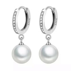 925 sterling silver hoop crystal pearl dangling fashion earrings