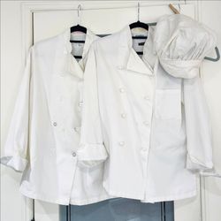 2 chef coats & baker's hat