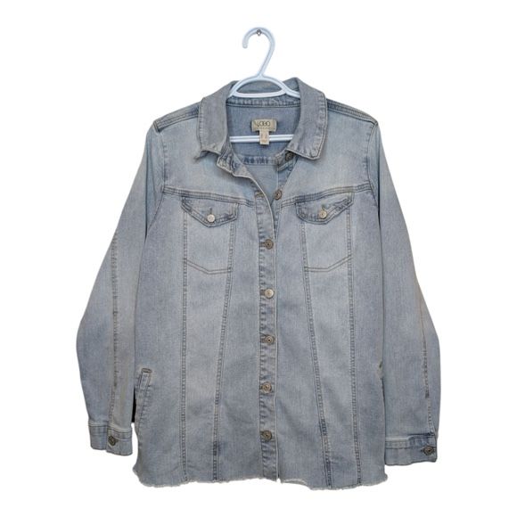 Logo Lori Goldstein Women's Shirt Jacket Sz 12 Denim w Frayed Hem Blue