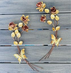 Set of 2 MCM Vintage Brass & Copper Rose Floral Butterfly Metal Wall Hangings/ Sprays each is 19" long