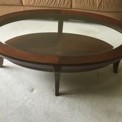 Cherry Oval Cocktail Table, Two Oval End Tables And Lamp