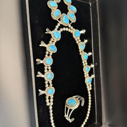 Navajo Sterling Squash Blossom Turquoise Necklace And Bracelet  