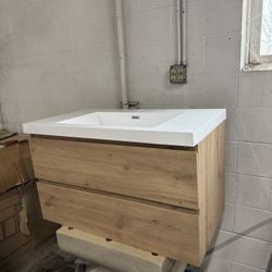 36" Wall-Mounted Bathroom Floating Single Sink Vanity with Top, Natural Oak 