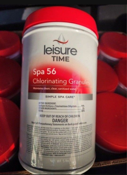 Leisure Time E5 Spa 56 Clorinating Granules for Spas and Hot Tubs. We have 12 containers, one container for 5 pounds. $250 for all 12 containers or on