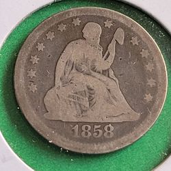 1858 Seated Liberty Quarter Silver Coin