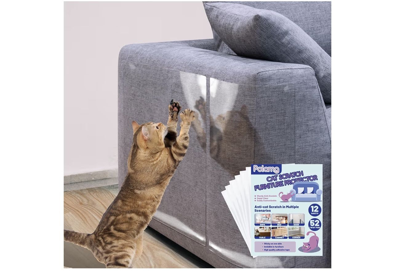 Anti-Cat Scratch Furniture Protector-12-Pack –Single-Sided, Heavy-Duty Self-Adhesive Tape, No-Residue for Couch, Doors & Walls - with 52 Twist Pins