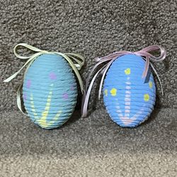 Paper Mache Set of 2 Easter egg ornaments Blue Green