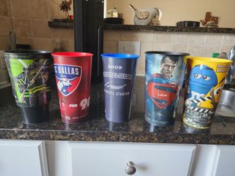 Set of 5 Collectible Sports & Movie Souvenir Cups (Stars, Cowboys, FC Dallas, Batman, M&Ms)