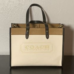 Beige And Tan Leather Coach Tote 