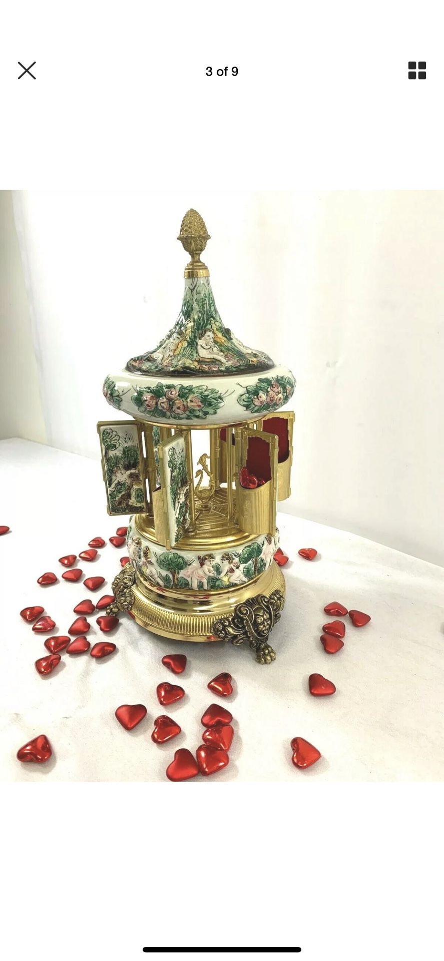 Vintage C.1960's Rouge Italian Porcelain Capodimonte Hand-Painted & Brass  Musical Box Carousel Revolving Cigarette, Lipstick Holder