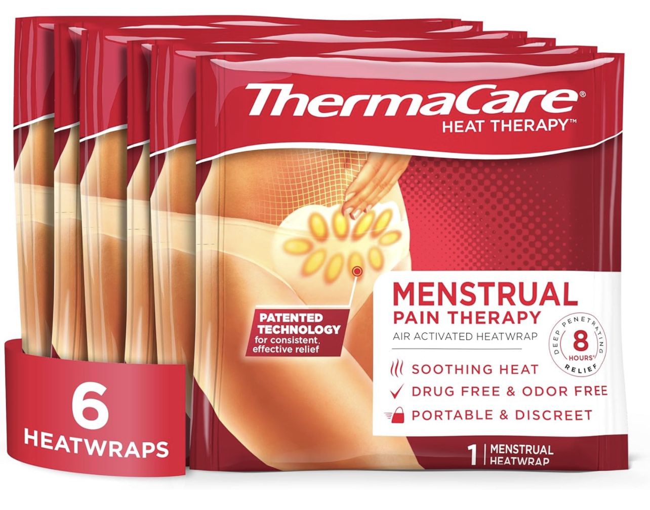 ThermaCare Portable Menstrual Heating Pad, Period Paid Relief Heat Patches for Cramps (6 Count)