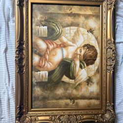 Vintage Angel Painting –  Wood Gold Frame