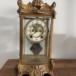Antique Beveled Glass Brass New Haven Clock Co. Gilt Regulator Crystal Clock