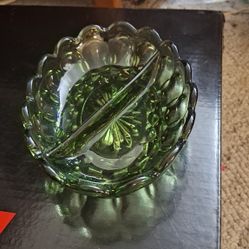 Vintage divided oval green glass relish dish