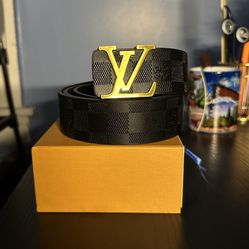 Black Checker Engraved LV Monogram Belt with Gold Buckle