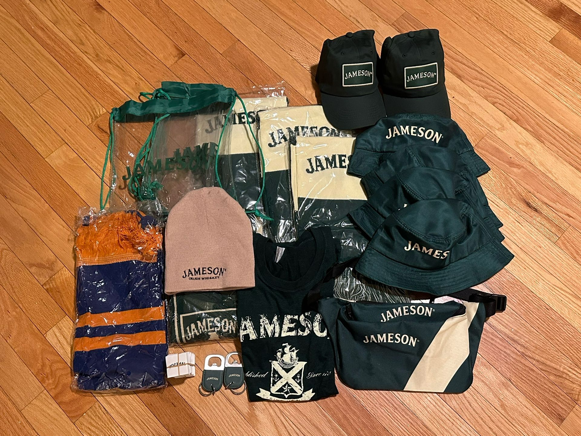 Jameson Whiskey Merch Lot- Hats, Scarves, Fanny Bags, Shirt