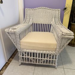 Vintage White Wicker Large Chair With Cup And Magazine Holder 