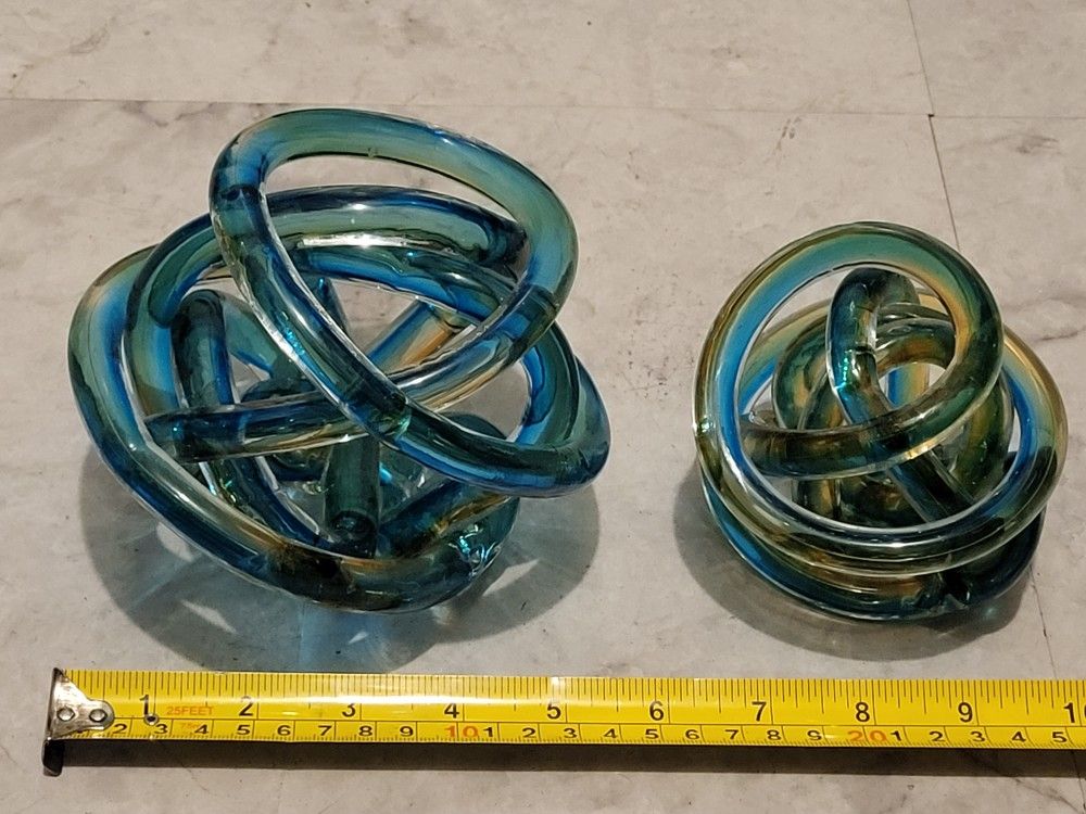 Vintage 2 Studio Art Glass Abstract Teal Knot Paperweight Sculpture Deco Murano Style Rope Twisted Blue 