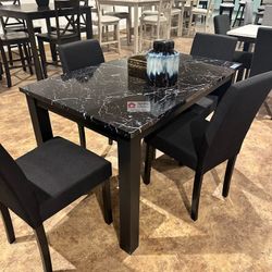 DINING TABLE SET 5 PC COUNTER HEIGHT, ANTIQUE WHITE AND BLACK MARBLE - [NEW]