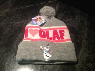 Disney's Frozen I ❤️ Olaf, Embroidered Gray,White,Pink & Red Knit Beanie With Pom Pom Brand New With Tags