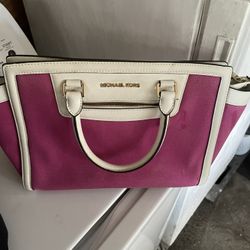 Michael Kors Selma Fuschia Pink Canvas Leather Trim Zipper Satchel Shoulder Bag