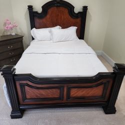 Elegant Heavy Wood Queen Bed – Excellent Condition