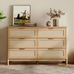 Rattan Dressers for Bedroom, Wide Chest of 6 Drawers, Oak