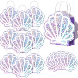 Locmeo 12 Pack Sea Shell Gift Bags Mermaid Goodie Bags Party Favor Iridescent With Handle For Under The Sea Party Summer Ocean Beach Birthday Wedding 