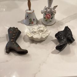Set of 2 bells, 1 vintage metal Victorian miniature boot,1 Victorian plastic boot, and angel bisque trinket holder