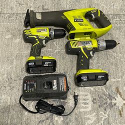 RYOBI 18V One + Plus Cordless Brushless HD Hammer Drill and Reciprocatingy Saw Tool With 2 Batteries and Charger. Lightly used only used only inside m