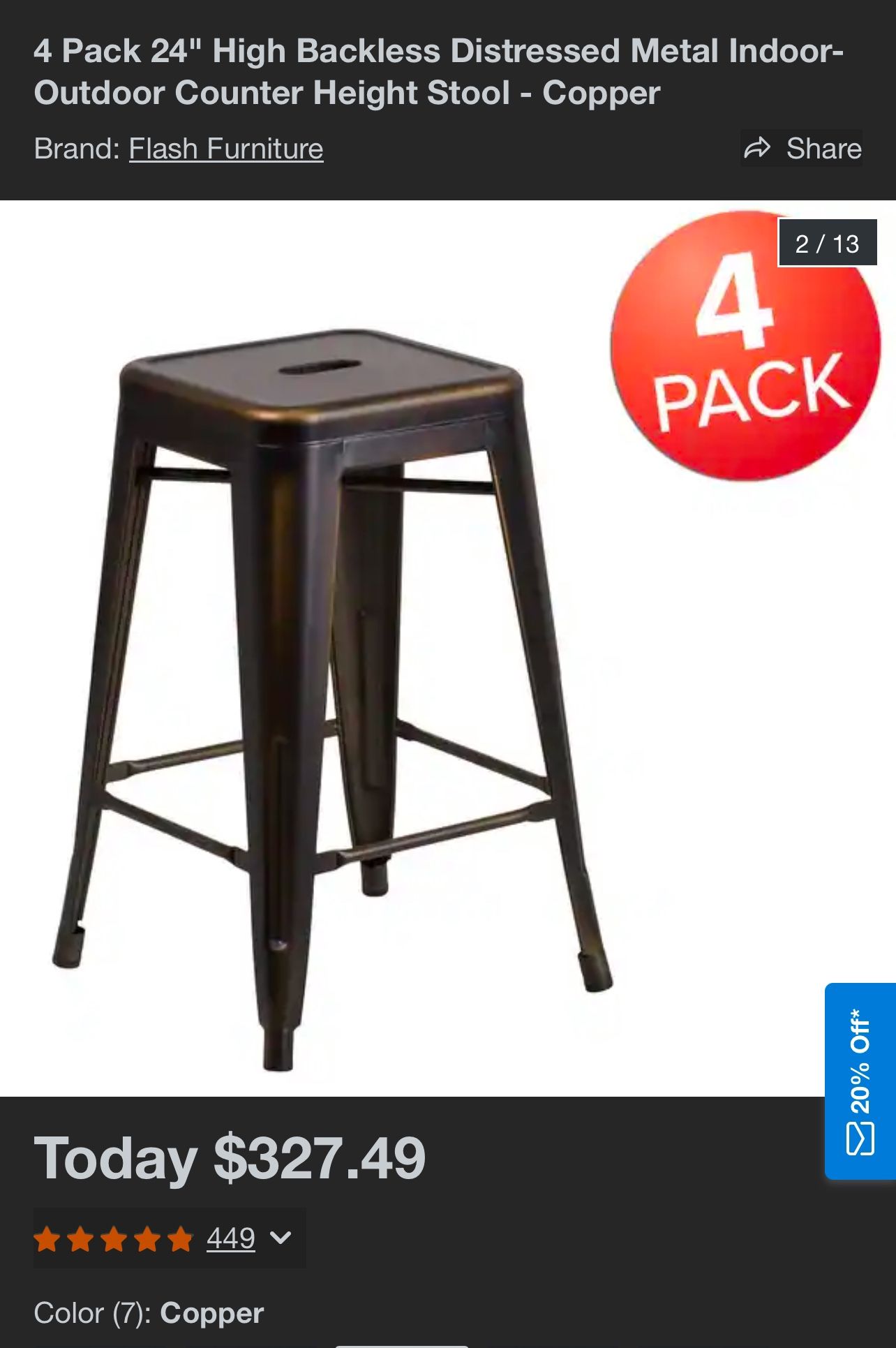4 Pack 24" Distressed Copper Bar Stools