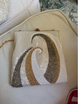 Vintage Walborg Beaded Evening Bag Clutch White Gold Silver Pattern Mirror