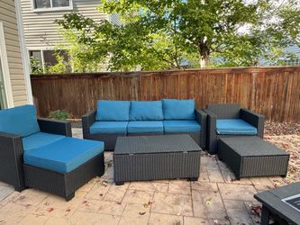 6-Piece Black Wicker Patio Furniture Set w/ Cushions, Storage Table & Covers