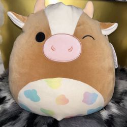 Squishmallow 14” Griella The Brown Cow Rainbow Spot Belly Pink Nose Easter NWT