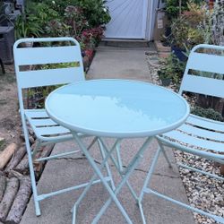 Light Baby Blue Folding Bistro Table w/ 2 Matching Chairs 