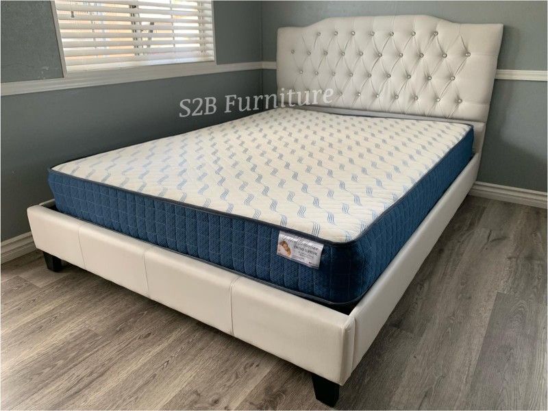 Full White Crystal Button Bed With Orthopedic Mattress Included 
