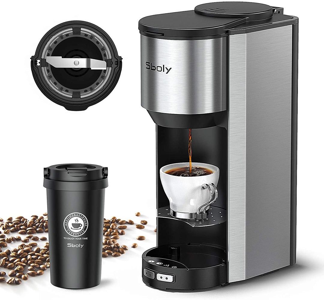 Single Serve Coffee Maker Machine, Grind and Brew 2 in 1 Coffee Maker with 16oz Stainless Steel Travel Mug, Adjustable Tray, Dual Brewing Options Sing