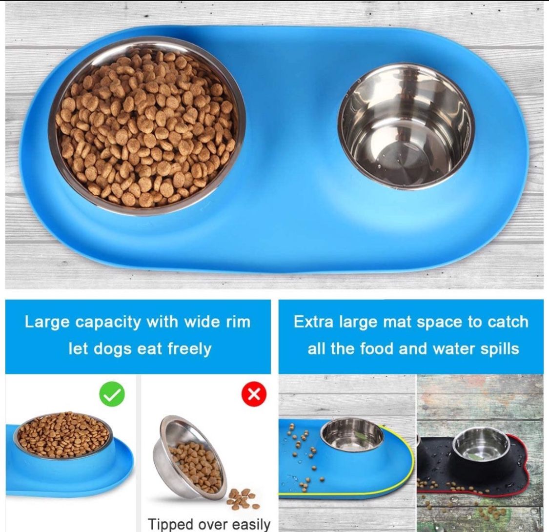 Dog Cat Bowls Stainless Steel, Collapsible Dog Bowl with No Spill Non-Skid Silicone Mat Set