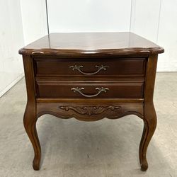 French Provincial 2-Drawer Side End Table Fruitwood Inlaid Nightstand