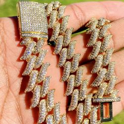 Men’s Designer Link Chain Necklace, 14K Gold 5X Layered Iced Cuban Chain, Bling Necklace, CZ Diamond Choker, Spike Chain Iced Hip Hop Necklace 