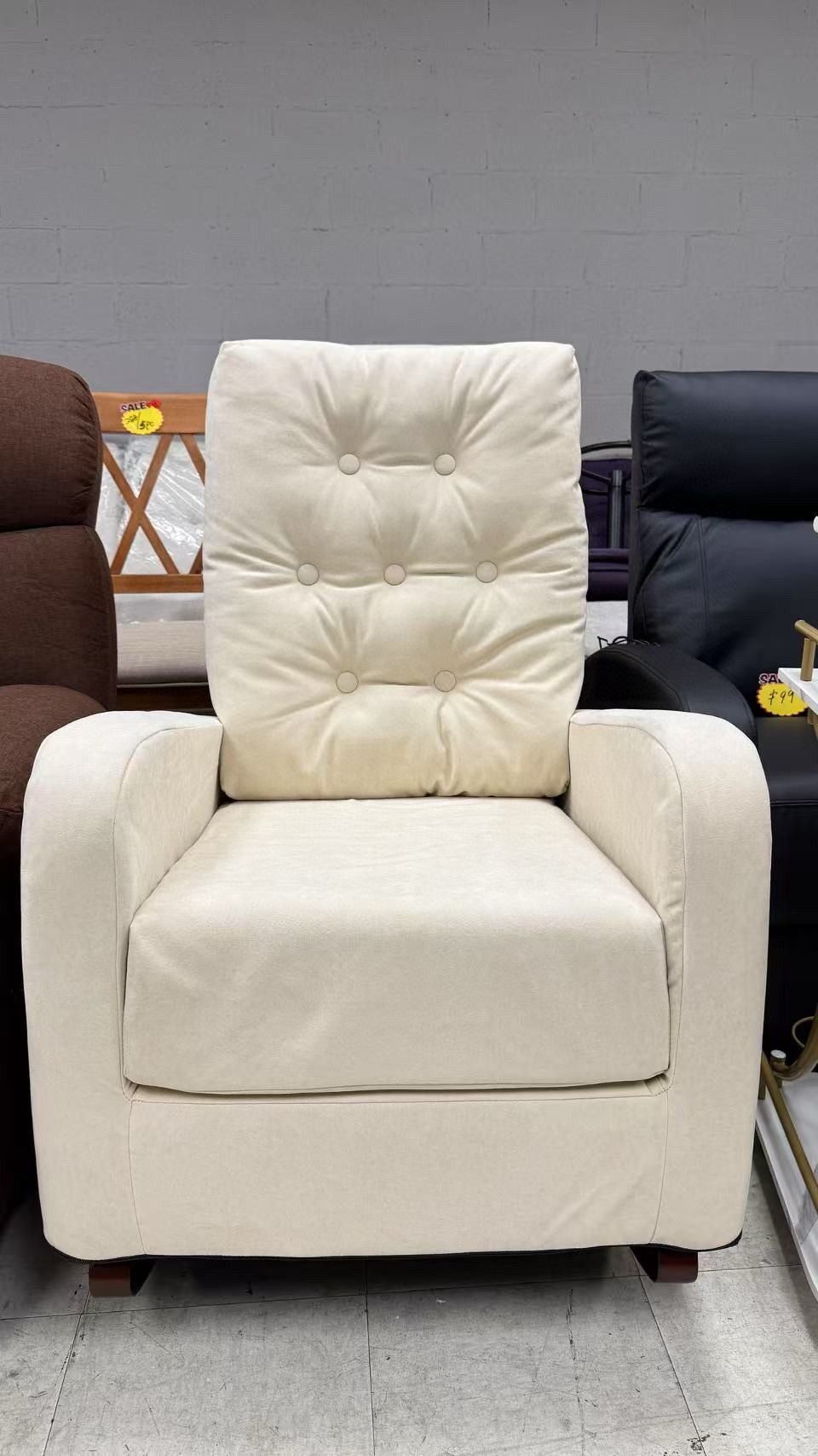 Rocking chair, upholstered rocking chair with solid wood base and side pockets, comfortable high back armchair single sofa chair for living room, bedr