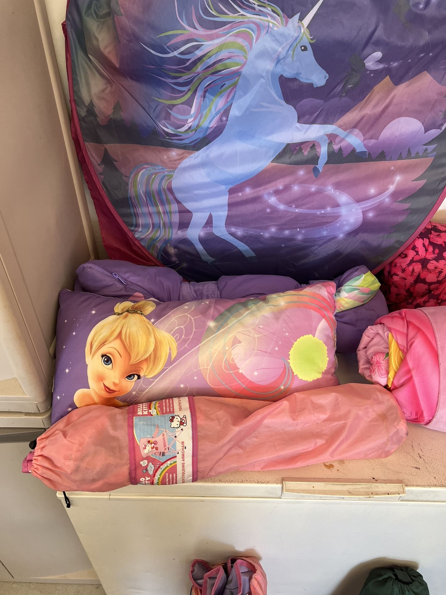 Little Girl Items- Princess, Tinkerbell And Hello Kitty Sleeping Bags, Folding Camping Chair, Bike Helmets